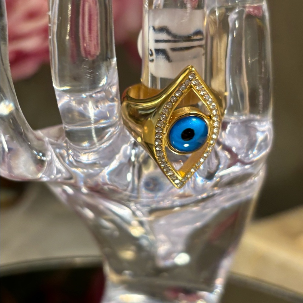 NWT Showstopper sz 8 Crystal Gold & Blue Evil Eye Ring 1 inch GORGEOUS - Picture 6 of 9
